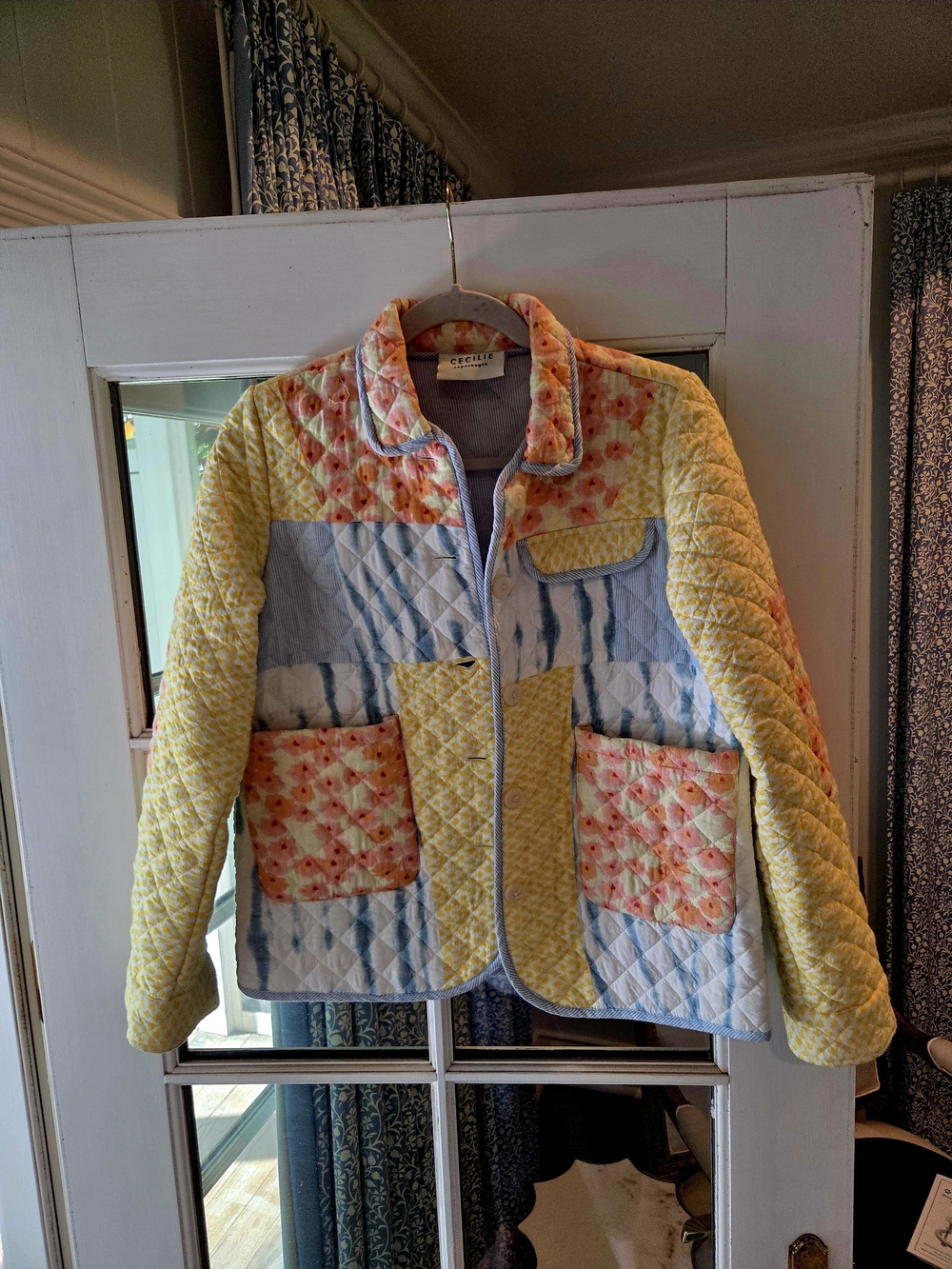 Cecilie Copenhagen Yellow Quilted Patchwork Jacket with Floral Accents